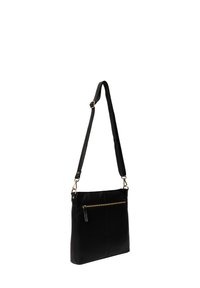 Černá kožená crossbody taška s dlouhým nastavitelným popruhem, vybavená přední kapsou na zip a hladkým povrchem. Jednoduchý obdélníkový design.