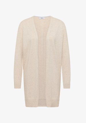 Beige cardigan med åbent front og lange ærmer, ribbede manchetter og kant, let strikket stof, mærke med "CECIL" indeni ved halsudskæringen.