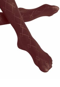 Nieprzezroczyste burgundowe rajstopy z geometrycznym wzorem w diamenty w kolorze złotym. Materiał ma gładką teksturę i dopasowany krój.