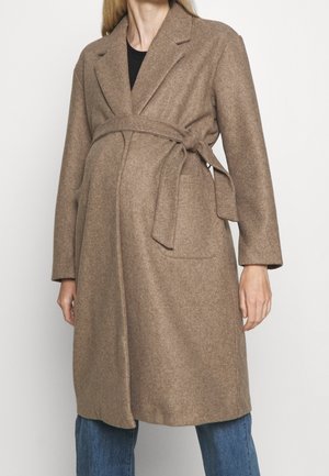 Bruine wollen blend jas met een ceintuur in de taille, lange mouwen, notch-revers en twee voorzakken; gestructureerde stof en knielange ontwerp.