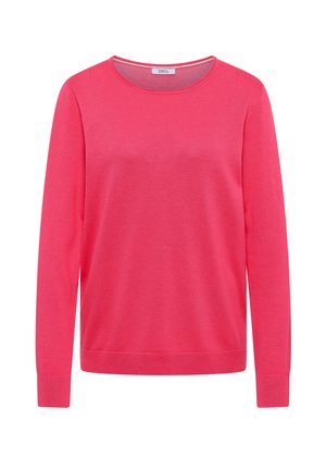 Trui met lange mouwen en ronde hals in effen felroze met geribbelde manchetten en zoom, met het label "CECIL" bij de halslijn.