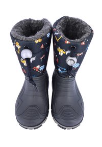 Zwarte waterdichte sneeuwlaarzen met een bovenwerk van patroontextiel met bouwvoertuigen. Zachte fleece voering en verstelbare trekkoord bij de enkel.