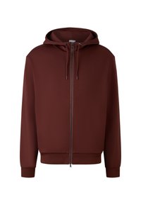 Bordeauxkleurige rits hoodie gemaakt van gladde stof. Voorzien van een capuchon, trekkoord en geribbelde manchetten. Eenvoudig ontwerp zonder extra patronen.