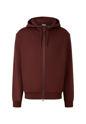 Hoodie zippé bordeaux en tissu lisse. Doté d'une capuche, d'une fermeture à cordon et de manches côtelées. Design simple sans motifs supplémentaires.
