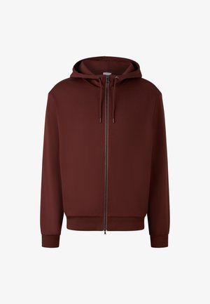 Burgundowa bluza z kapturem na suwak wykonana z gładkiego materiału. Posiada kapuchę, ściągacz oraz ściągacze przy mankietach. Prosty design bez dodatkowych wzorów.