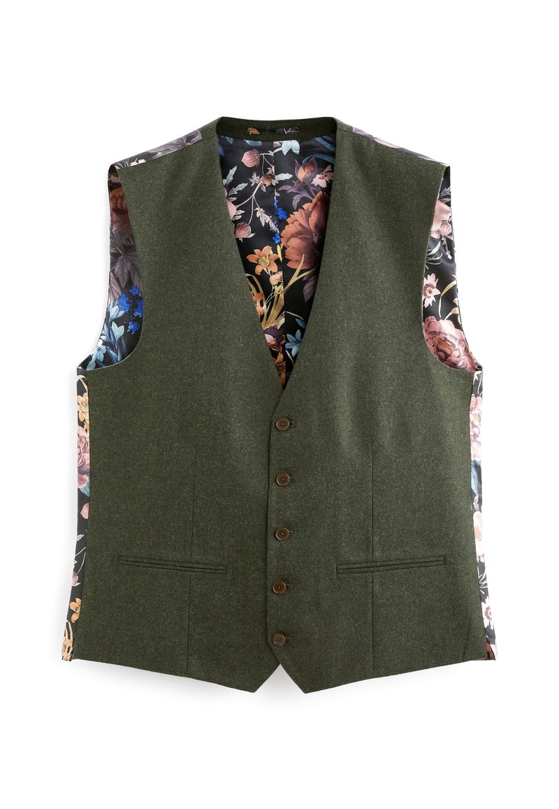 Veste en laine vert olive avec une doublure à motifs floraux ; comporte cinq boutons marron et des poches latérales ; design sans manches.