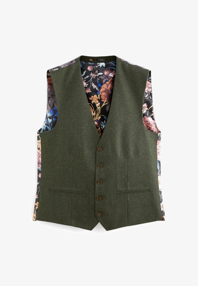 Veste en laine vert olive avec une doublure à motifs floraux ; comporte cinq boutons marron et des poches latérales ; design sans manches.