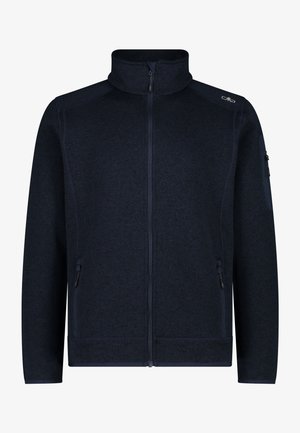 Marineblaues Fleece-Jacke mit hohem Kragen, durchgehendem Reißverschluss und zwei Seitentaschen. Verfügt über strukturiertes Gewebe und kontrastierende dunkle Akzente.