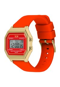 Reloj digital con una esfera roja, bisel en tono dorado y correa de silicona de color naranja brillante. Las características incluyen luz, resistencia al agua y pantalla digital.