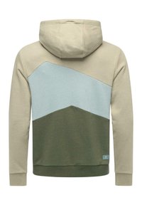 Sweat à capuche avec un design de bloc de couleur triangulaire en beige, bleu clair et vert olive. Mélange de coton doux avec des poignets côtelés.