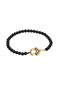 Pulsera de cuentas negras con un cierre en tono dorado en diseño de bucle, que exhibe una textura suave y un tamaño de cuentas uniforme.