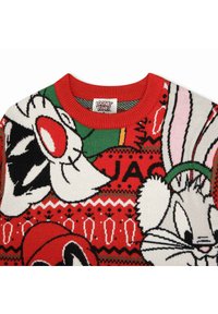 Rode en groene gebreide trui met Looney Tunes-personages. Het ontwerp bevat opvallende witte en zwarte illustraties met textuurpatronen.