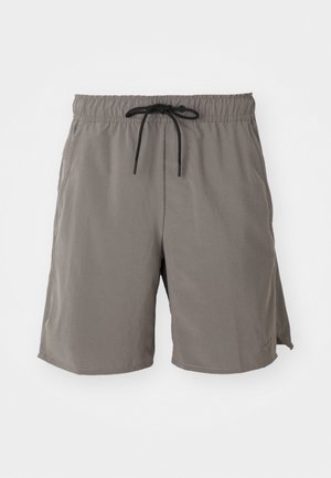 Gray swim shorts with an elastic waistband, black drawstring, side pockets, and a smooth, lightweight fabric. Classic knee-length design.
