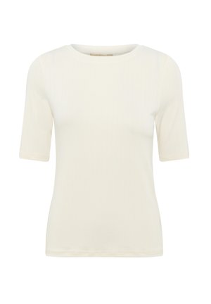 Bela rebrasta majica s okruglim izrezom i kratkim rukavima, izrađena od mekog, rastezljivog materijala. Glatka tekstura, minimalni dizajn, bez vidljivih uzoraka.