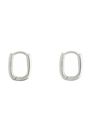 Pair of polished silver rectangular hoop earrings with rounded edges and hinged clasps on a white background.