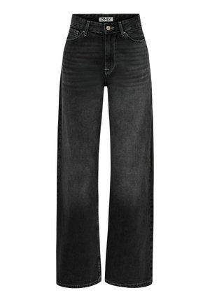 Jean en denim noir à taille haute et jambes larges, avec poches avant et fermeture par bouton, présentant un effet délavé subtil.