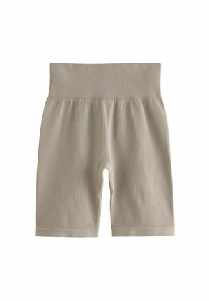 Pantalones cortos de punto acanalado en beige, de tiro alto, con una cinturilla ancha y elástica y longitud hasta la mitad del muslo, mostrados sobre fondo blanco.