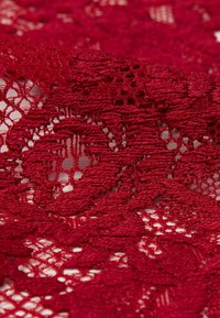 Röd spets tyg med intrikata blommönster, öppen väv och en mjuk textur, med varierande trådtyper och upphöjda detaljer.