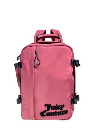 Zaino rosa realizzato in tessuto morbido, con una tasca anteriore con zip, manico superiore, spallacci regolabili e dettaglio logo ricamato nero.
