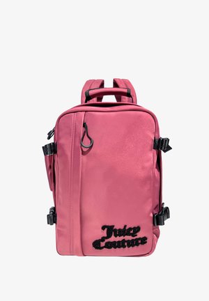 Rosa Rucksack aus glattem Stoff, mit einer Vorderreißverschlusstasche, einem Handgriff oben, verstellbaren Trageriemen und schwarzen gestickten Logodetails.