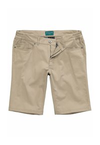 Pantaloni shorts beige con fronte piatto, vita elastica e zip. Presenta due tasche laterali e cuciture a contrasto. Tessuto di cotone morbido.