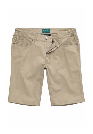 Beige shorts met een platte voorkant, elastische tailleband en ritssluiting. Beschikt over twee zijzakken en contrasterende stiksels. Zachte katoenstof.
