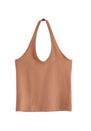 Rostfärgad halterneck-topp, gjord av mjuk bomull, med en djup urringning och en avslappnad, ärmlös design. Slät textur utan mönster.