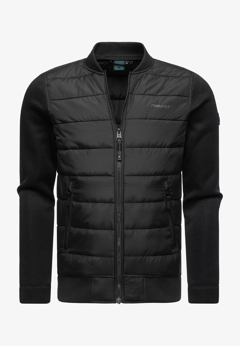 Soojad mustad bomber-jakk, millel on lukuga sulgemine, soonikuga mansetin ja küljetaskud. Jakk sisaldab tikitud esipaneele ja siledat kudumist varrukates.