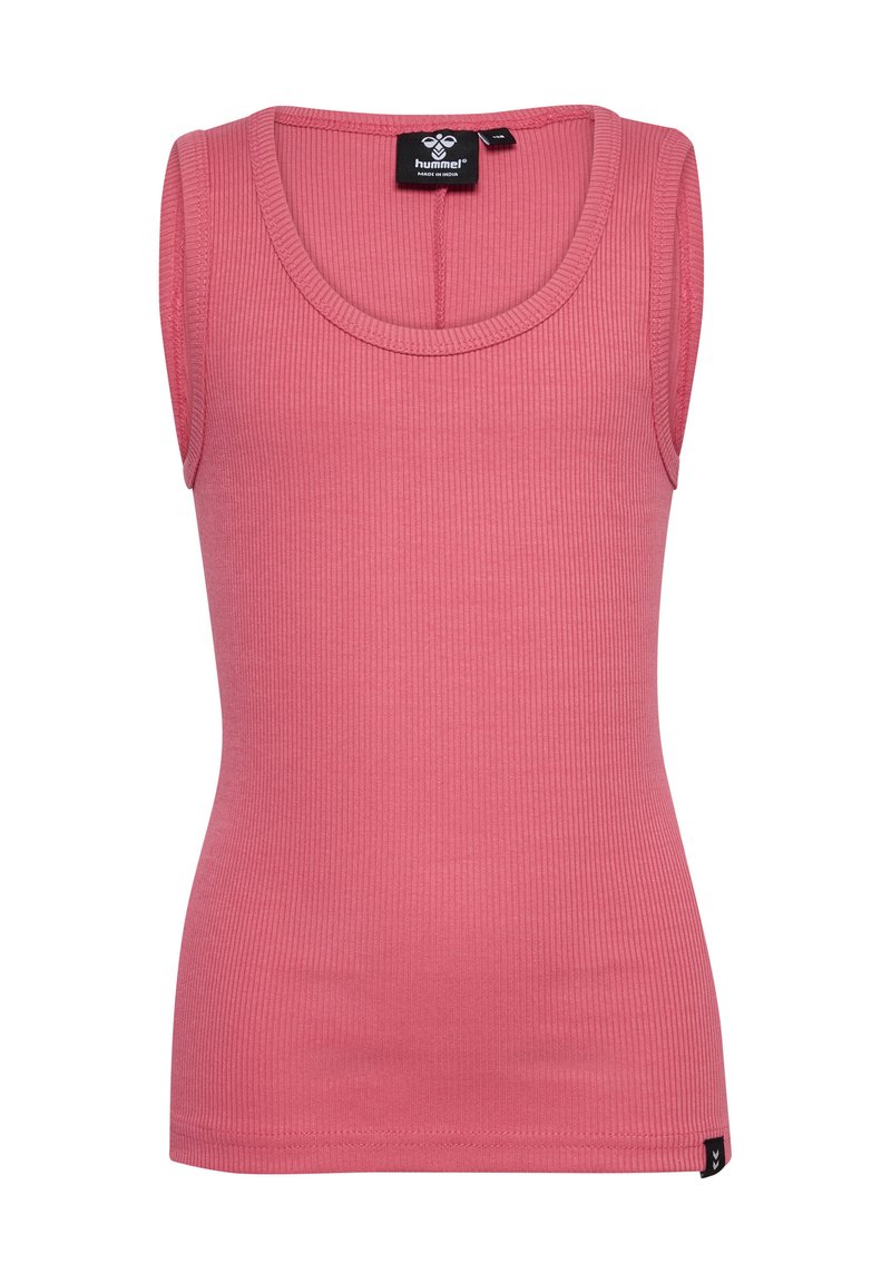 Roze geribbelde tanktop met een ronde halslijn en zonder mouwen. Heeft een klein merkteken in de onderhoek links.