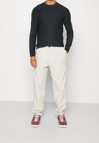 Navy blauw trui met een ronde hals, lange mouwen, gecombineerd met lichtbeige broek. De schoenen zijn kleurrijke sneakers met veters.