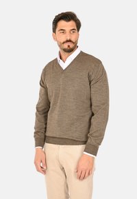 Maglione marrone a collo a V realizzato in tessuto lavorato a maglia, con una finitura testurizzata e polsini a coste. Indossato sopra una camicia bianca con colletto.
