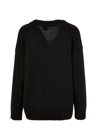 Suéter negro con escote en V, mangas anchas y puños acanalados. Hecho de una tela de punto texturizada, con un ajuste relajado y diseño minimalista.