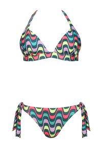 Wielokolorowy zestaw bikini z wzorem fal w odcieniach zieleni, różu, purpury i żółci. Teksturowany materiał z regulowanymi zawiązaniami z dołu.