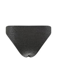 Melnas teksturētas trijstūra formas peldbikses ar smalku spīdumu uz balta fona.