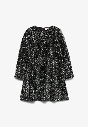 Black sequin dress with long sleeves, round neck, and a zipper closure at the back. Full of shiny sequins creating a textured surface.
