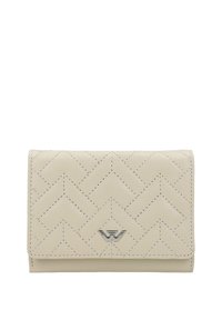 Portafoglio imbottito di colore beige chiaro con motivo a zigzag, logo in metallo argentato e cuciture a contrasto. Presenta una chiusura con calamita.