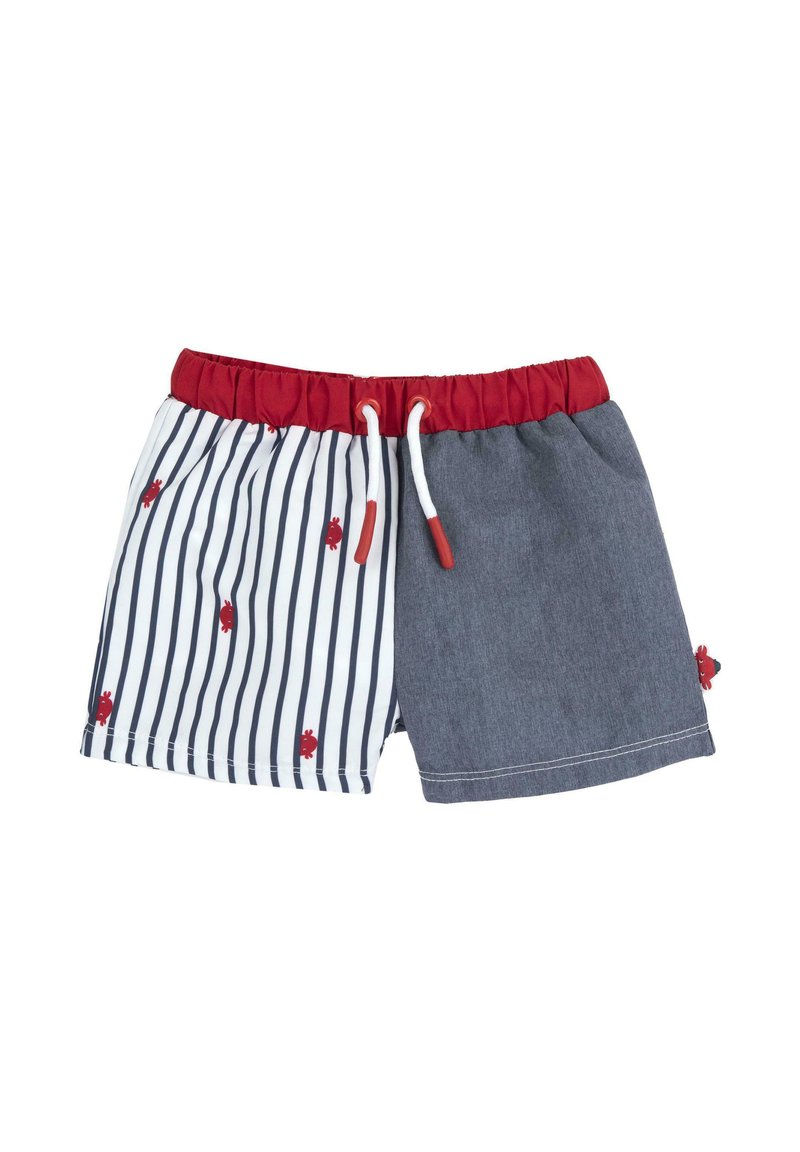 Shorts de bain pour garçons avec une taille élastique rouge, présentant un côté rayé blanc et marine avec des motifs de crabes, et un côté uni gris foncé.
