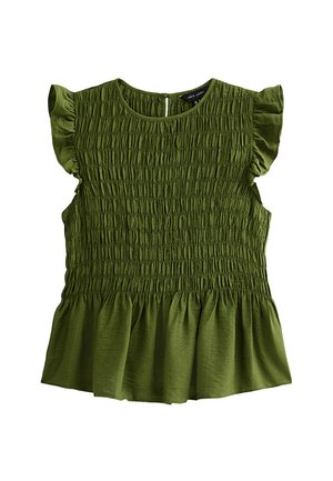 Green sleeveless blouse with gathered smocking across the bodice, ruffled cap sleeves, and a flared hem.