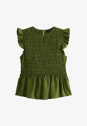 Zielona bluzka bez rękawów z marszczeniem na biuście, falbankowymi krótkimi rękawami i rozkloszowanym dołem.