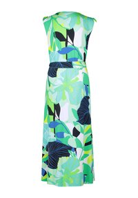 Maxi sukienka z zielonym, niebieskim i czarnym wzorem liści. Wykonana z gładkiego materiału, posiada rękawy w kształcie kapelusza i pasek w talii dla dopasowanego wyglądu.