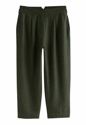 Pantaloni dintr-un amestec de lână verde, cu o croială lejeră, având două pliuri în față și picioare drepte, proiectați pentru confort și ușurință în mișcare.