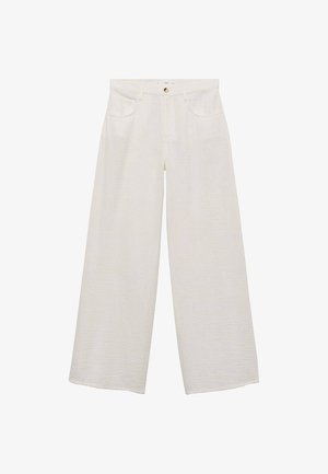 Weit geschnittene Hosen in Off-White, aus strukturiertem Stoff. Zu den Eigenschaften gehören Fronttaschen, ein goldener Knopf und ein Reißverschluss.