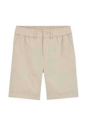 Beżowe bawełniane szorty z elastycznym paskiem, zapięciem na guzik, szlufkami na pasek i bocznymi kieszeniami, prezentowane na białym tle.