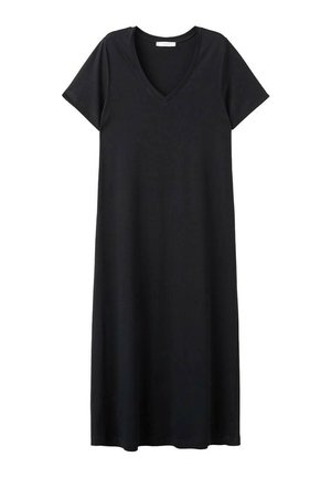 Černé bavlněné šaty s výstřihem do V, krátkými rukávy a volným střihem. Design je jednoduchý, bez viditelných ozdob.