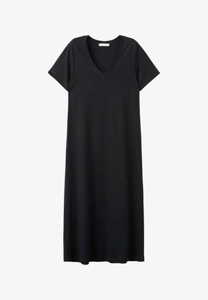 Robe en coton noire avec un col en V, des manches courtes et une coupe ample. Le design présente des lignes simples et aucune décoration visible.