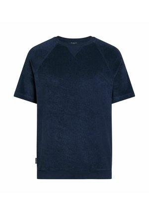 Marineblaues Kurzarm-Terrycloth-Shirt mit Rundhalsausschnitt, Raglanärmeln und geripptem Saum.
