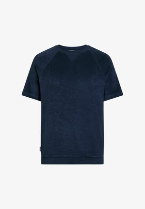 T-shirt à manches courtes bleu marine en tissu éponge avec encolure ras du cou, manches raglan et ourlet côtelé.