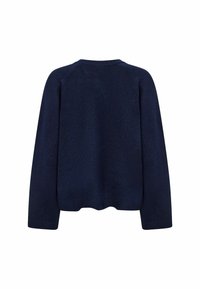 Tmavě námořnická modrá svetrová mikina s dlouhým rukávem, kulatým výstřihem a ribbed manžetami a lemem, zobrazená zezadu na bílém pozadí.