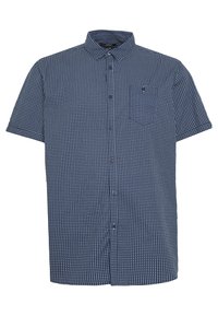 Korte mouwen overhemd in marineblauw met een contrasterend wit polkadotpatroon, voorzien van een puntige kraag en een borstzak.