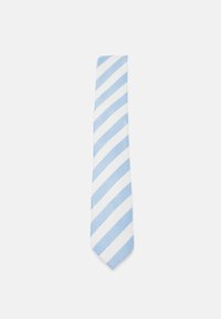 Corbata de rayas azul y blanca con textura de espiga, forma estrecha y punta afilada. Las rayas son diagonales y están espaciadas de manera uniforme.